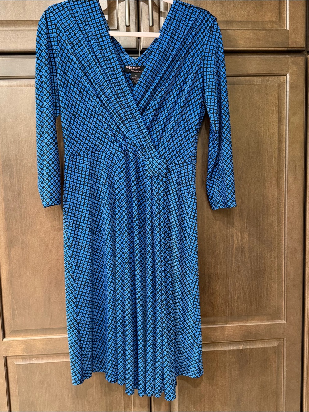 Robbie Bee Blue Geometric Faux-Wrap Long Sleeve Dress